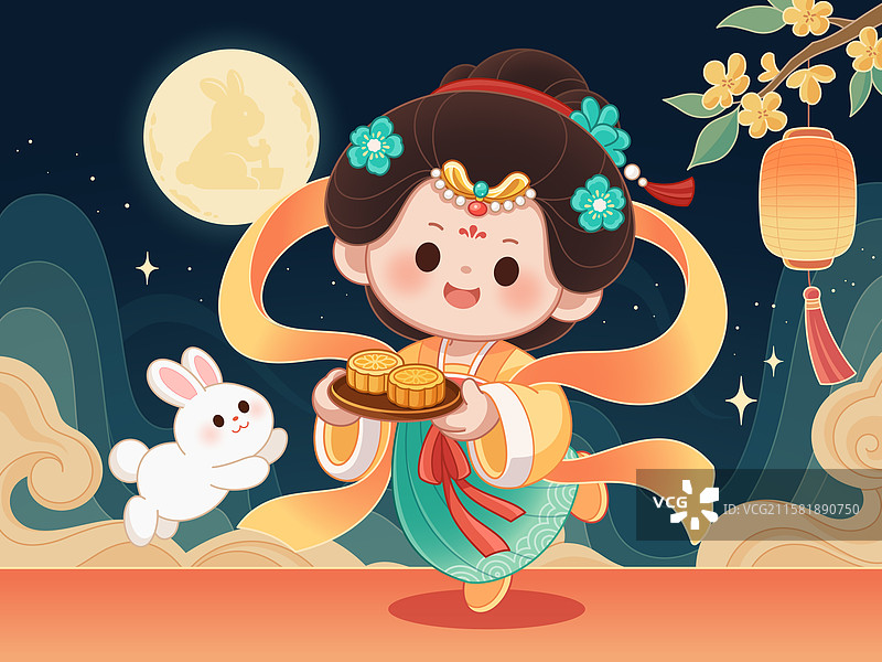 中秋节汉服女孩和小白兔插画图片素材