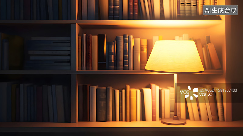 【AI数字艺术】灯光下的书架图片素材