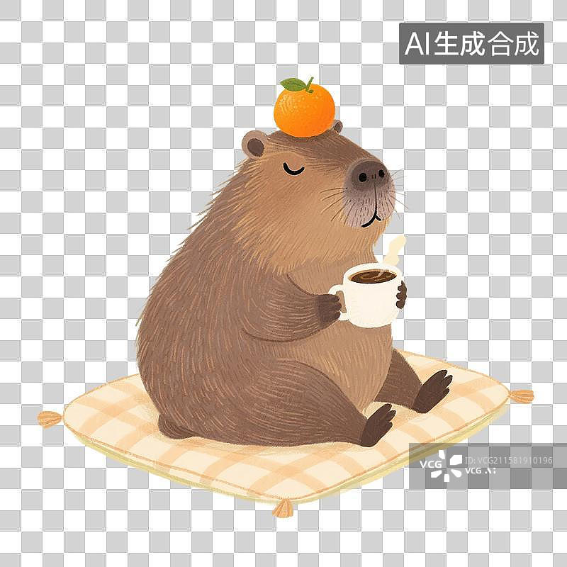 【AI数字艺术】治愈系手绘插画，卡通动物，水豚，卡皮巴拉，喝咖啡的水豚，夏天，秋天，冬天，免抠元素图片素材