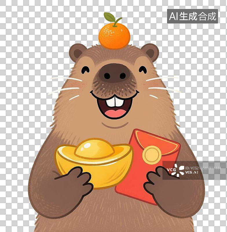 【AI数字艺术】手绘插画，卡通动物，水豚，卡皮巴拉，拿着红包和金元宝，赚钱，购物节促销，优惠券，免抠元素图片素材