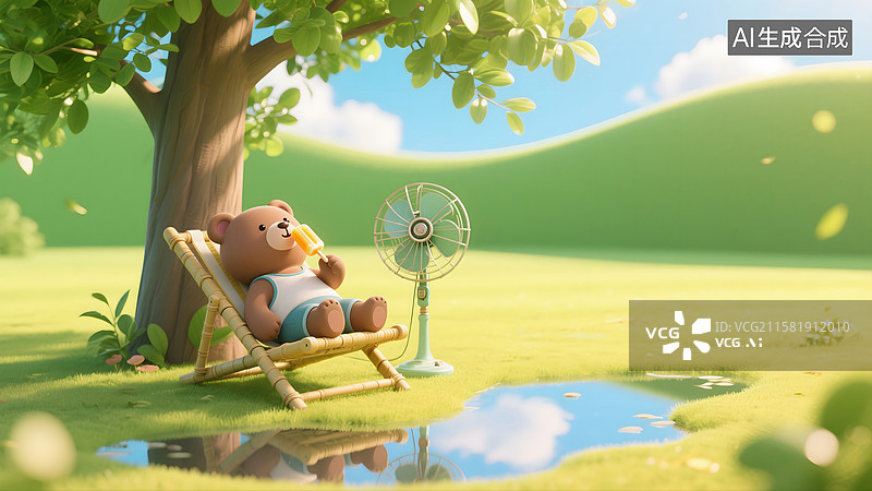 【AI数字艺术】夏日小熊树荫下纳凉图片素材