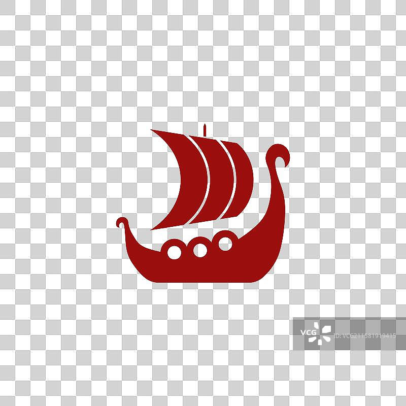 红色维京船图标，带有帆和盾牌图片素材