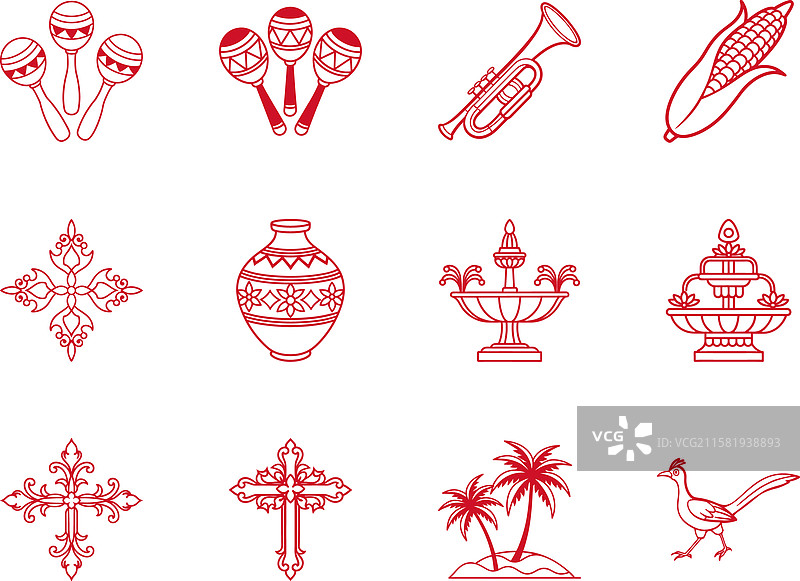 红色线条艺术图标：沙锤、喇叭、玉米、十字架图片素材