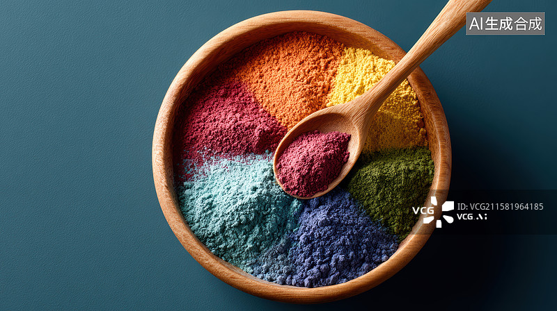 【AI数字艺术】多彩粉末的木质碗图片素材