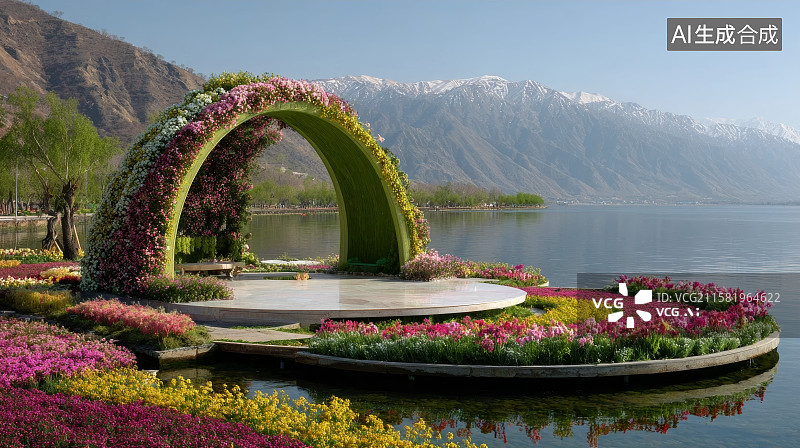 【AI数字艺术】雪山下的湖泊花环产品展台图片素材