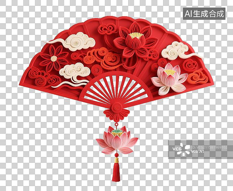 【AI数字艺术】喜庆春节中式国风新年扇子折扇元素图片素材