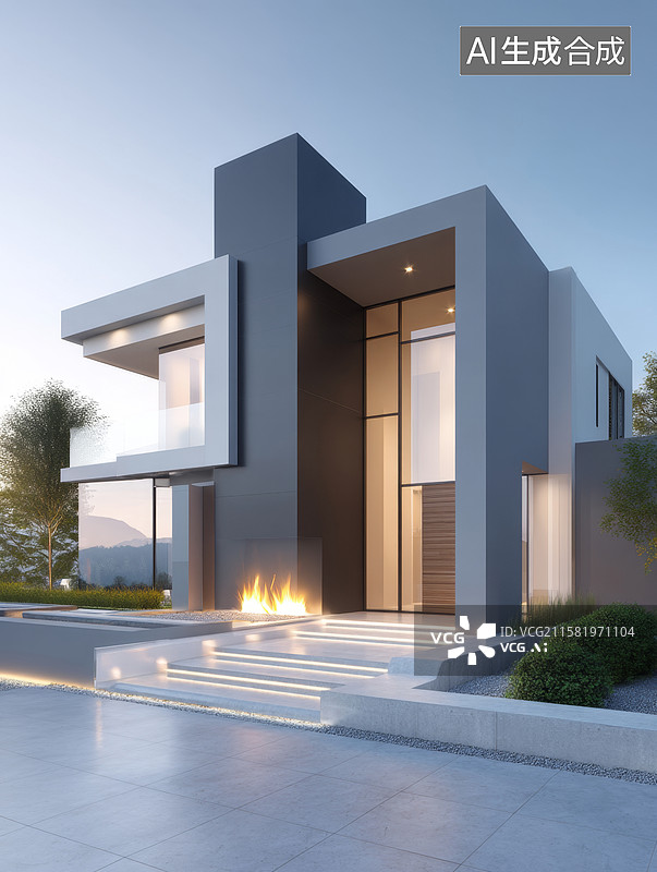【AI数字艺术】现代简约别墅夜景图片素材