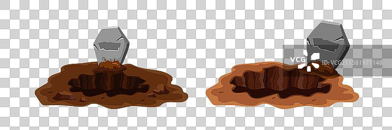 两座敞开的墓穴，破碎的墓碑矗立在一旁图片素材