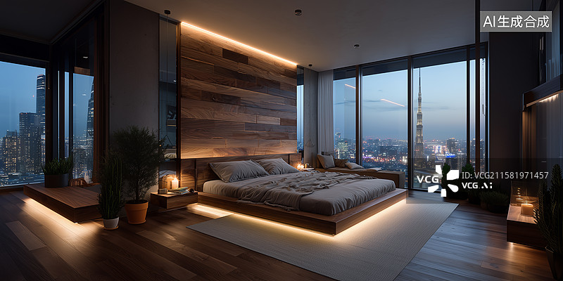 【AI数字艺术】胡桃木条灯卧室设计图片素材