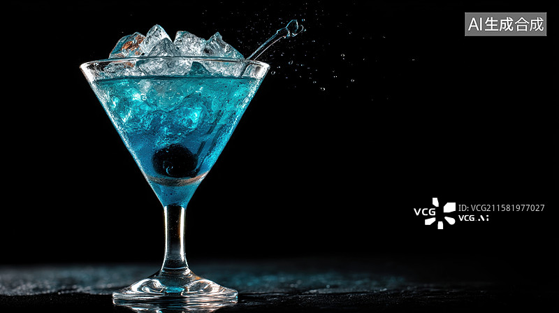 【AI数字艺术】蓝色鸡尾酒在黑色背景下的特写图片素材