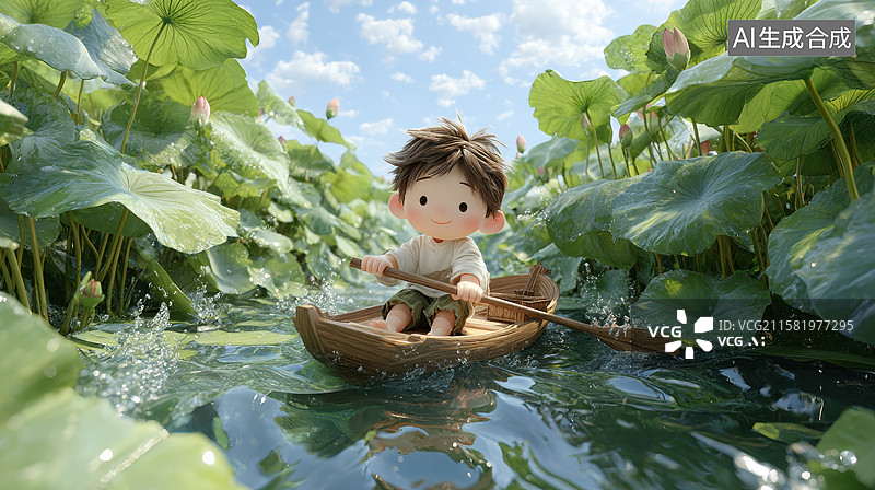 【AI数字艺术】小孩划船穿梭于荷叶间图片素材