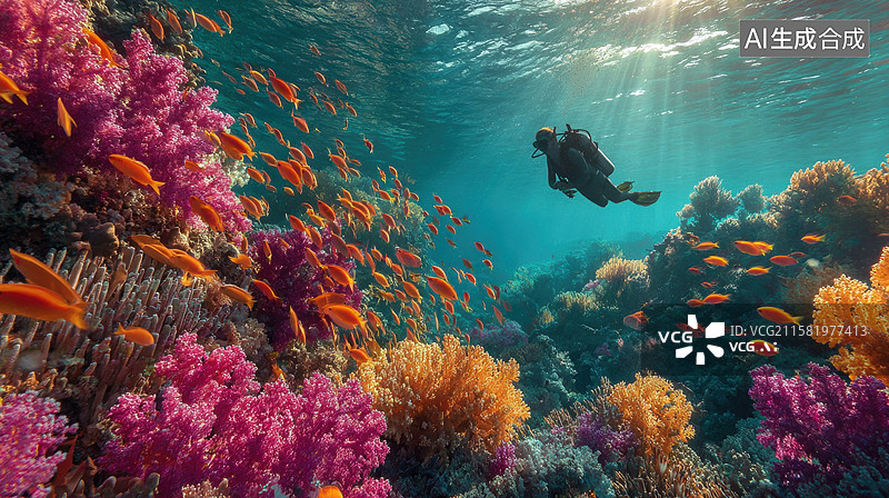 【AI数字艺术】潜水者探索色彩斑斓的珊瑚礁图片素材