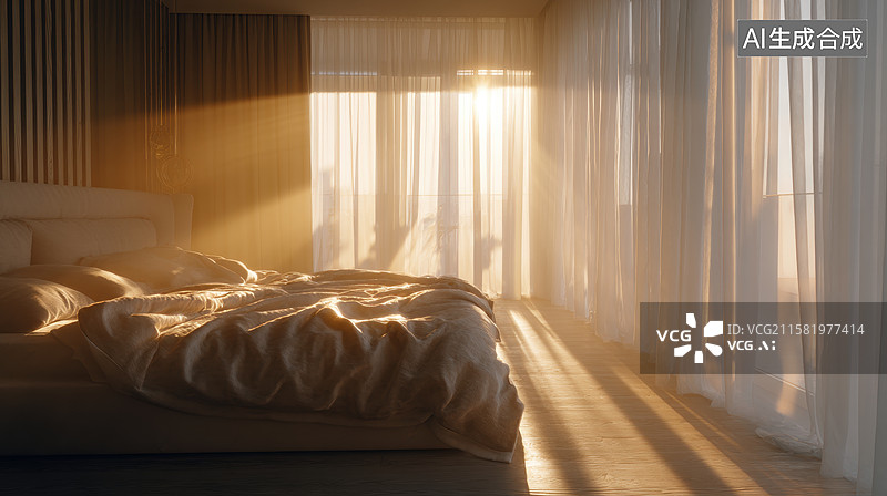 【AI数字艺术】阳光透过窗帘洒在温馨的卧室图片素材