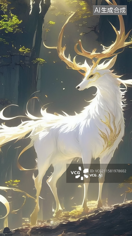 【AI数字艺术】丛林中的一只神兽白泽，通体亮着光泽图片素材