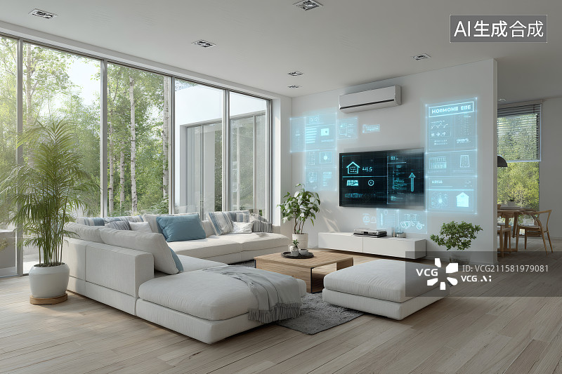 【AI数字艺术】智能家居，会客厅装修布局，远程控制家电图片素材