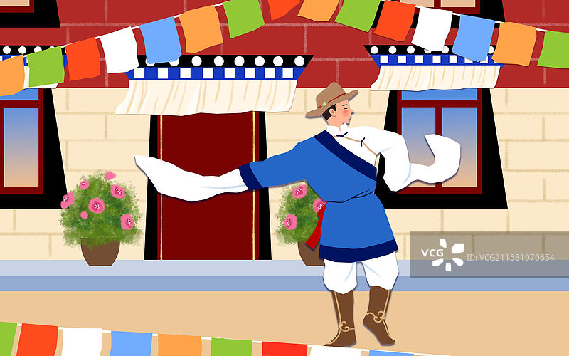 在民居前跳舞的藏族男子图片素材