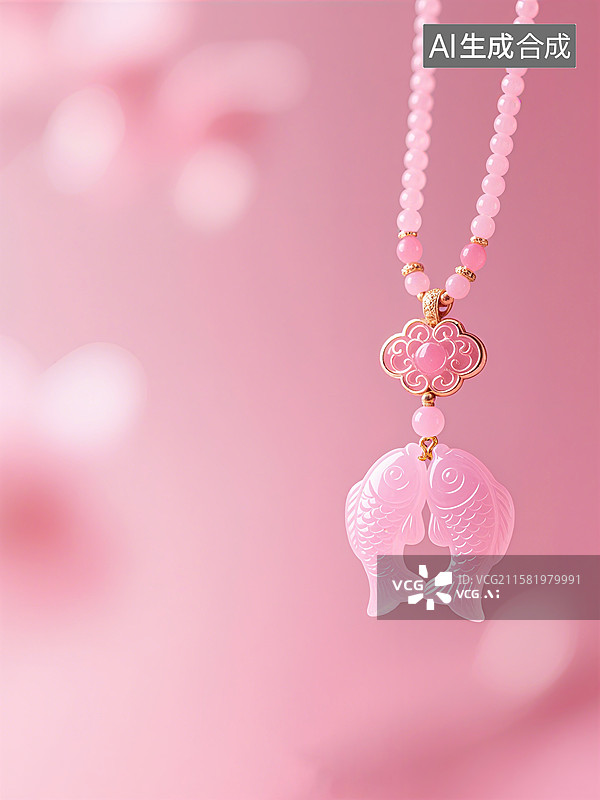 【AI数字艺术】粉色项链上挂着雕刻精美的双鱼吊坠，背景为柔和的粉色花朵图片素材