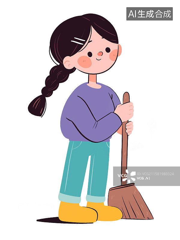 【AI数字艺术】劳动教育可爱的小女孩拿着扫帚扫把扫地插画图片素材