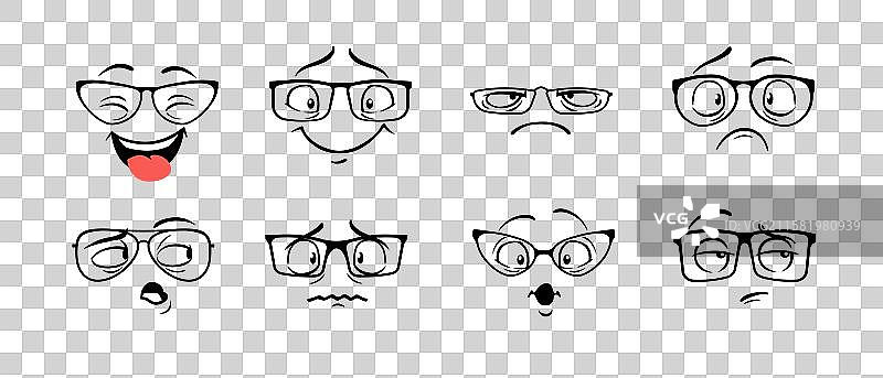 戴眼镜的卡通面孔展示各种表情图片素材
