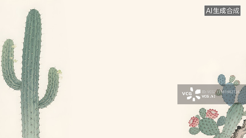 【AI数字艺术】水墨画仙人掌仙人球两侧图片素材