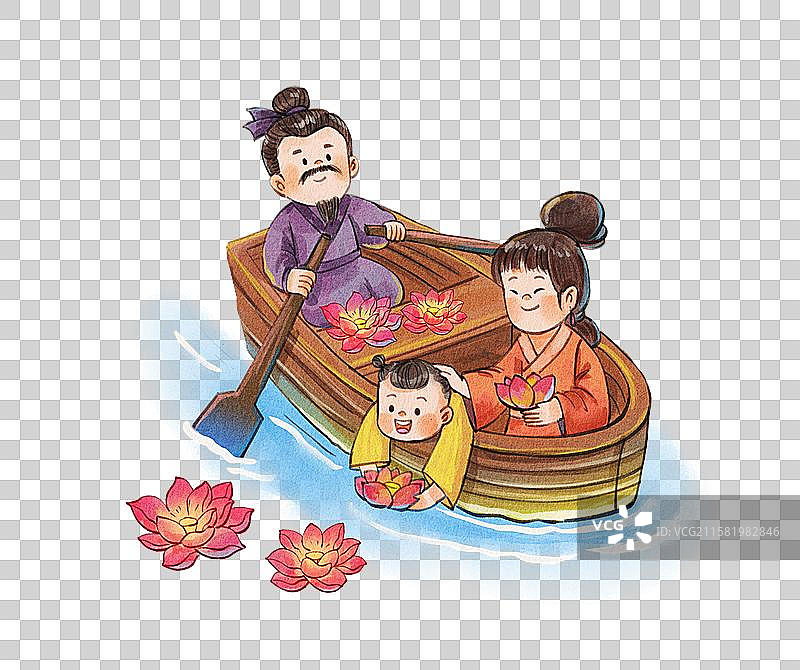 手绘水彩之古风一家人放花灯免抠元素图片素材