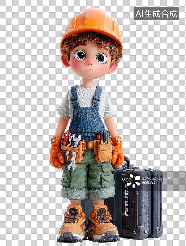 【AI数字艺术】戴安全帽的小工手持工具箱图片素材