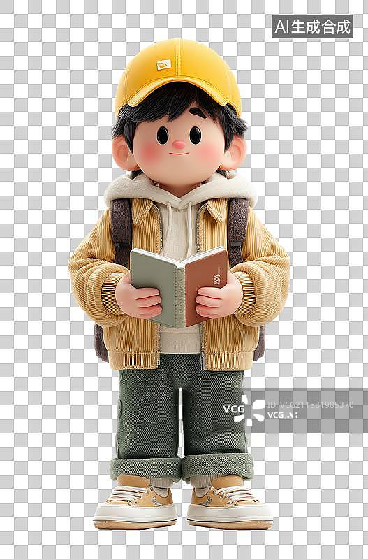 【AI数字艺术】戴黄帽背包少年阅读书籍图片素材