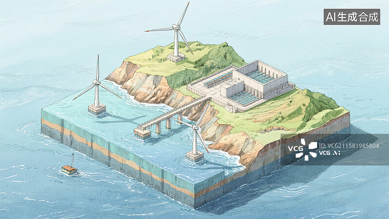 【AI数字艺术】海上风力发电厂工程概念插图海边小岛风轮机钢笔勾线淡彩水彩科普风格创意2.5D三维立体微缩景观模型场景图片素材