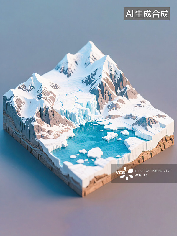 【AI数字艺术】冰川雪山融化概念自然地理地貌地形剖面图横截面断层钢笔淡彩手绘科普插图2.5D三维立体微缩景观模型场景图片素材