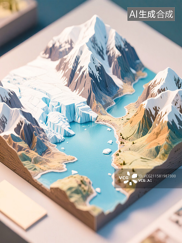 【AI数字艺术】冰川雪山融化概念自然地理地貌地形剖面图横截面断层钢笔淡彩手绘科普插图2.5D三维立体微缩景观模型场景图片素材