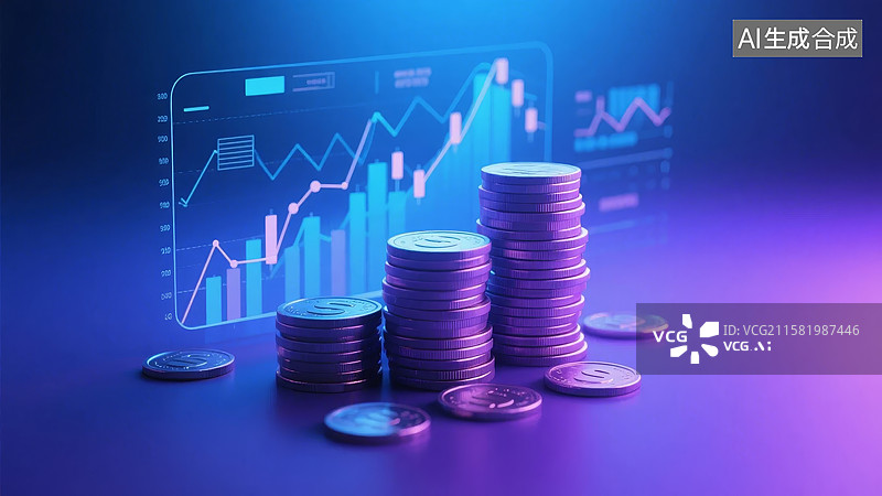 【AI数字艺术】货币堆叠与数据图表的科技视觉图片素材