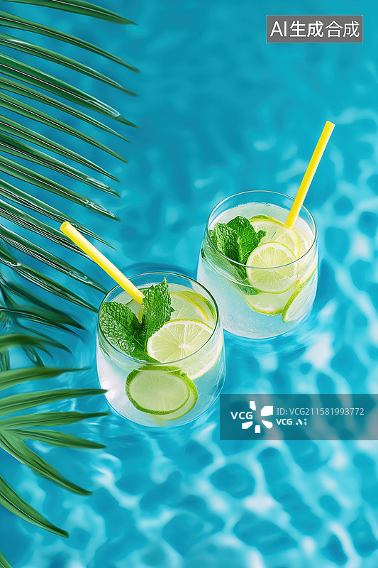 【AI数字艺术】泳池边的柠檬水冷饮图片素材