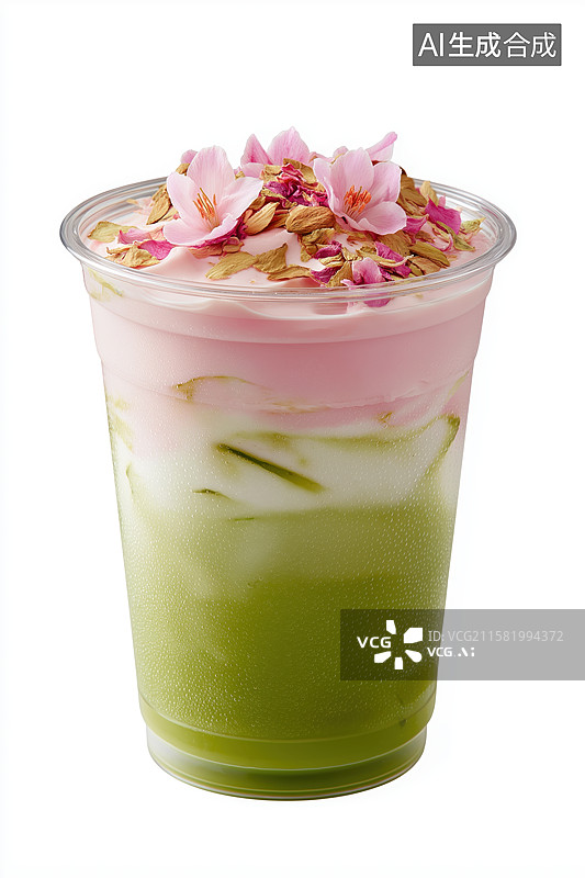 【AI数字艺术】樱花装饰的抹茶饮品图片素材