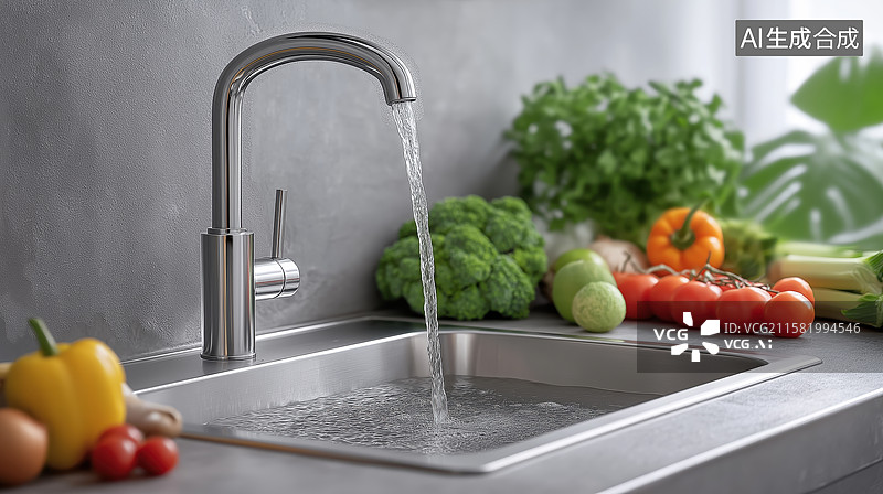 【AI数字艺术】厨房水龙头流水，新鲜蔬菜摆放图片素材