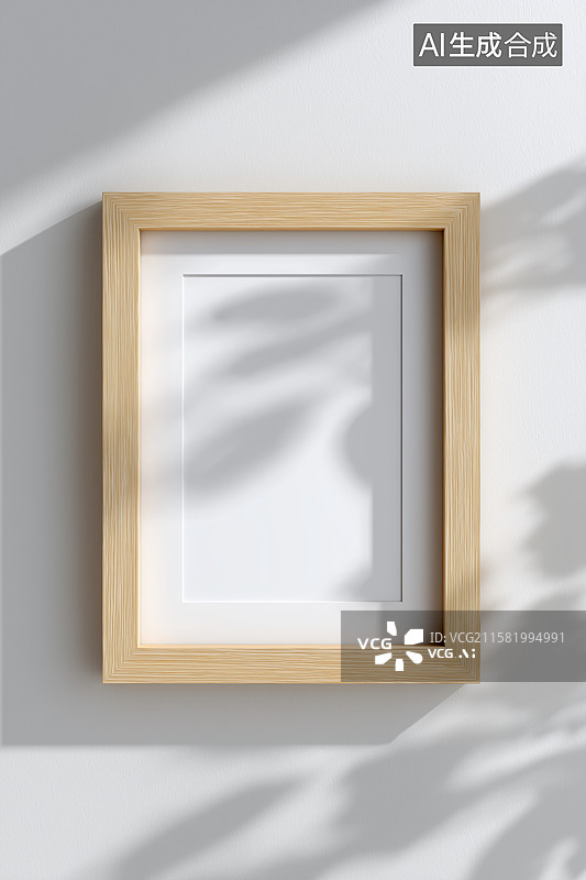 【AI数字艺术】木质相框挂在浅色墙面上图片素材