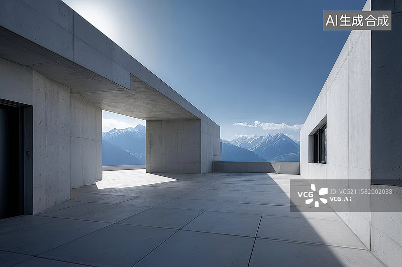 【AI数字艺术】现代建筑露台与远山景观图片素材