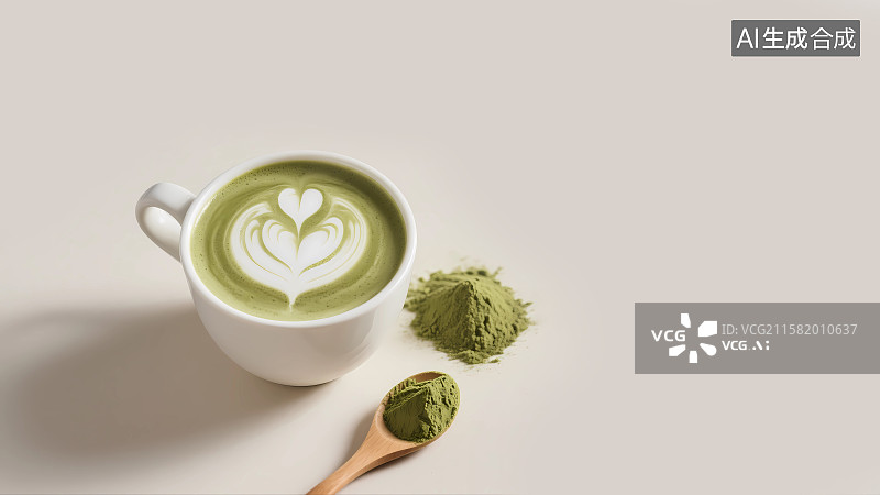 【AI数字艺术】带心形拉花的一杯抹茶拿铁图片素材