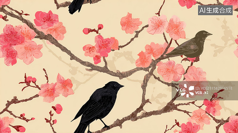 【AI数字艺术】枝头栖息的黑鸟与粉红樱花图片素材