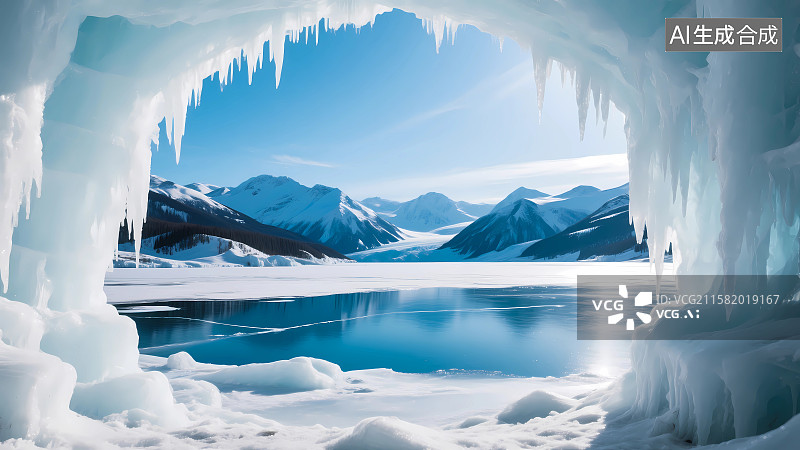 【AI数字艺术】冬季雪山冰洞风光图片素材