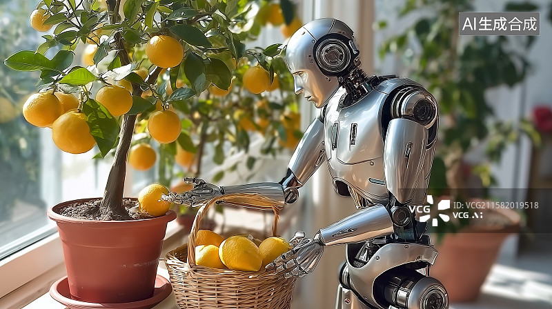 【AI数字艺术】机器人摘桔子图片素材
