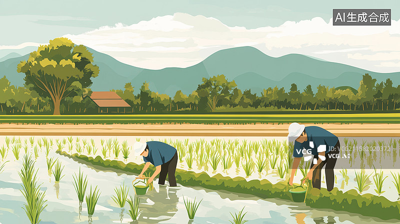 【AI数字艺术】种植插秧农作物卡通插画图片素材