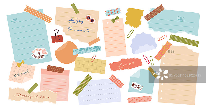 一组各种撕裂的纸条、便签、贴纸和胶带图片素材