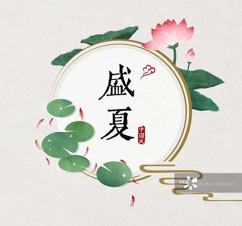 夏季荷花荷叶圆形边框设计模板图片素材