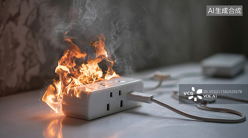 【AI数字艺术】电源插座过载引发火灾安全隐患图片素材
