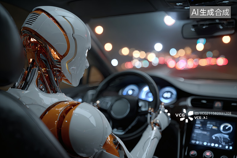 【AI数字艺术】机器人代驾，在公路上认真的开车图片素材
