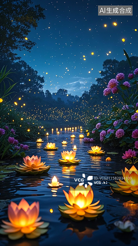 【AI数字艺术】中元节夜晚放天灯河灯夜景插画图片素材