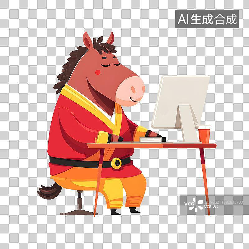 【AI数字艺术】新年卡通工作的小马插画图片素材