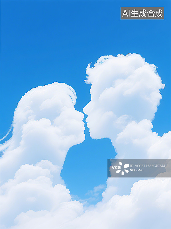 【AI数字艺术】蓝天白云中两朵云形似人脸相互对视，仿佛在进行无声的交流图片素材