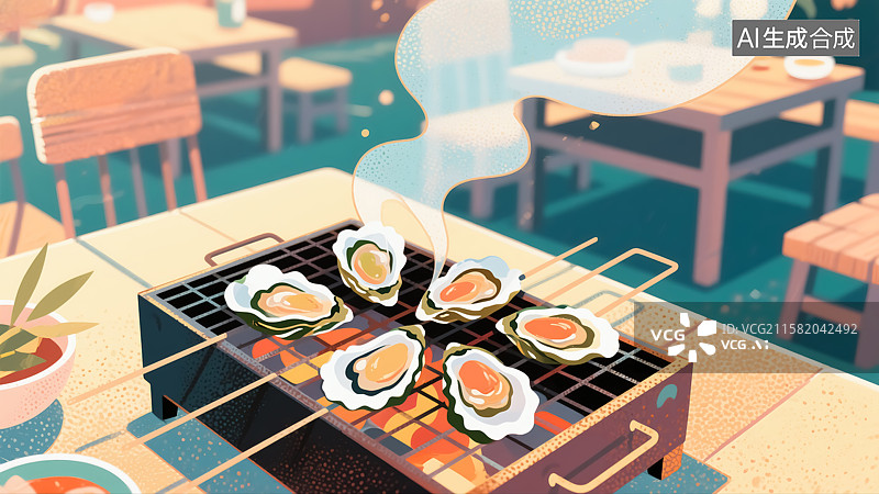 【AI数字艺术】烤生蚝美食插画图片素材