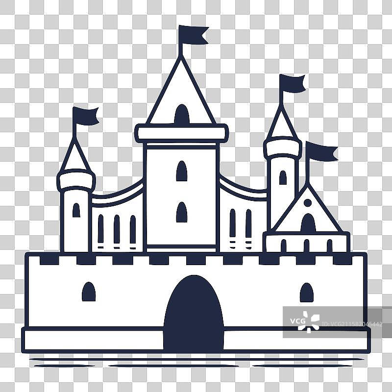 宏伟的城堡，带有塔楼和旗帜，坐落在水边图片素材